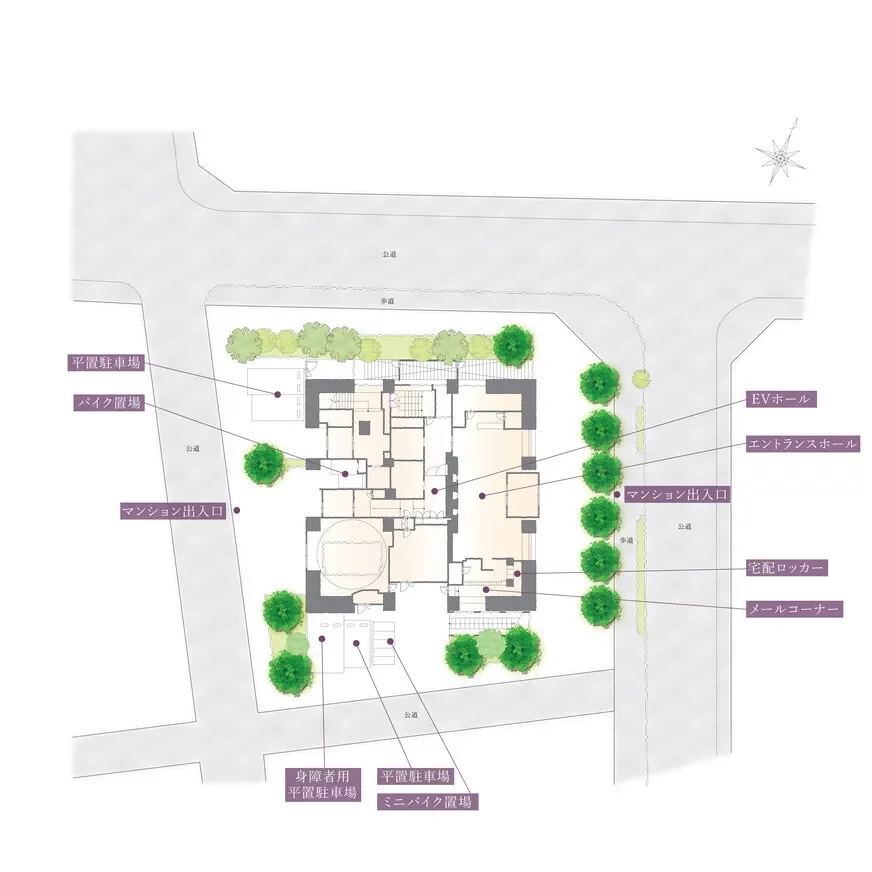 敷地内に緑を植え、落ち着いた空間を演出。交通量が比較的少ないのもポイント。