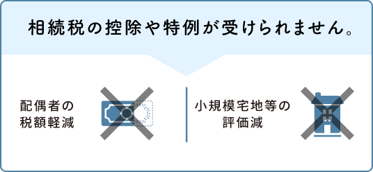 相続税の控除や特例が受けられません。（配偶者の税額軽減✕、小規模宅地等の評価減✕）